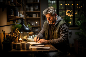 Mature bearded man writing in a notebook at a cozy home desk with a warm lamp in the evening.