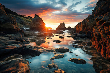 A serene coastal landscape at sunset with reflections on tranquil waters, surrounded by rugged rocks and a vibrant sky.