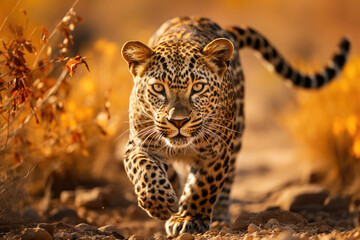 African leopard in motion, prowling through the golden wilderness, displaying the majestic beauty of wild felines in their natural habitat.