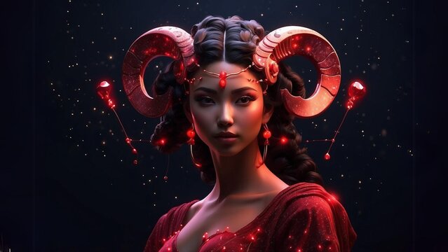 Aries constellation in the form of a woman and shines in ruby red light, portrait of a woman in a red dress