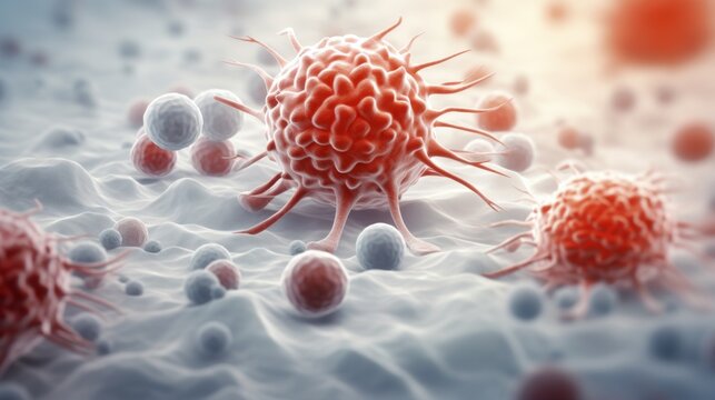 Lymphocytes Fighting Cancer Cells, Medical Illustration Featuring Immune System Cells and Metastasis