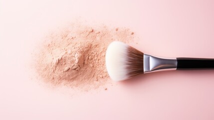 Makeup brush with rice loose face powder on light pink background, top view.  - obrazy, fototapety, plakaty
