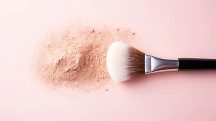 Fotobehang Makeup brush with rice loose face powder on light pink background, top view.  © CStock