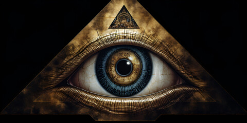  Triangular amulet with blue eye as protection against evil eye, Pyramid With Eye on black background   The Triangular Amulet with a Blue Eye for Ultimate Protection Against the Evil Eye AI generative
