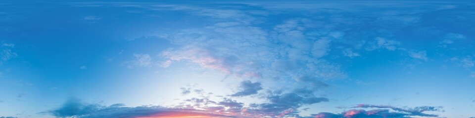 Fototapeta premium Sunset sky panorama with bright glowing pink Cumulus clouds. HDR 360 seamless spherical panorama. Full zenith or sky dome in 3D, sky replacement for aerial drone panoramas. Climate and weather change.