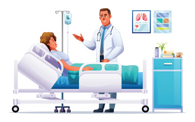 Fototapeta premium Doctor visits a sick woman lying on hospital bed. Healthcare medical concept. Vector cartoon illustration