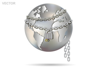 The planet Earth is chained in metal chains.
3D vector illustration in futuristic style.