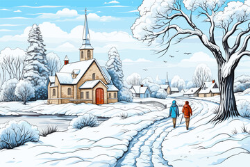 Winter landscape with church painting and watercolor - obrazy, fototapety, plakaty