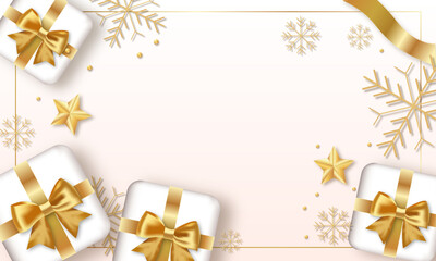 happy new year background with realistic gift box and gold snowflake