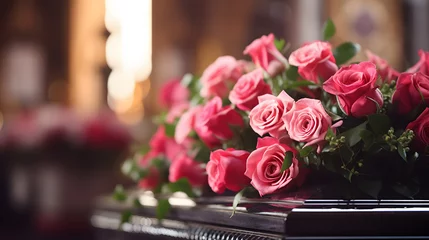 Fototapeten Closeup of a casket with flowers in a peaceful setting of a church, final tribute to a dear soul © FutureStock