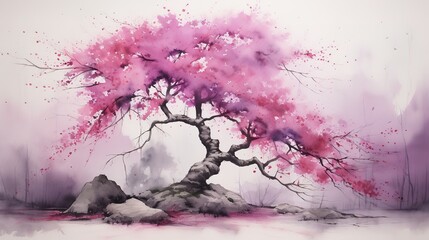 a beautiful pink tree as the focal point of a mystical landscape. The sinuous trunk and branches, covered in pink leaves, stand out against the hazy gray background filled with rocks and trees.