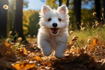 cute white dog running outside, ai generative