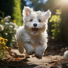 cute white dog running outside, ai generative