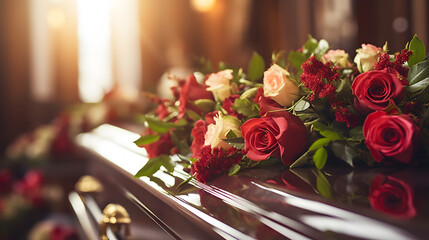 Rose flowers on a coffin at funeral in church. Solemn coffin adorned with a delicate variety of flowers, final tribute to a dear soul.