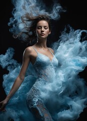 Photographic realistic 16k , ultra detailed,sketch of a female naturists dancer in white smoke spiral in a black reflective waters, light blue lace satin silky flowing smoke wild windy water troubles