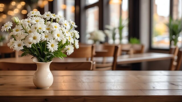 Wooden table with bouquet of white flowers on a restaurant background from Generative AI