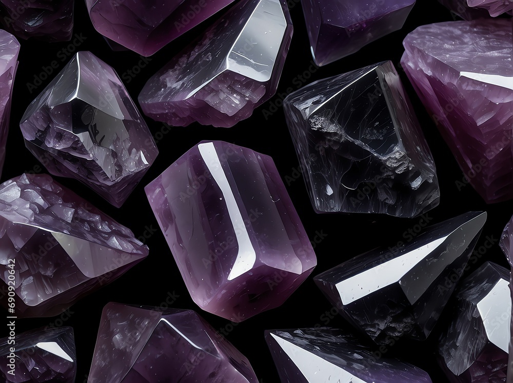 Poster purple quartz crystal cluster on plain black background from generative ai