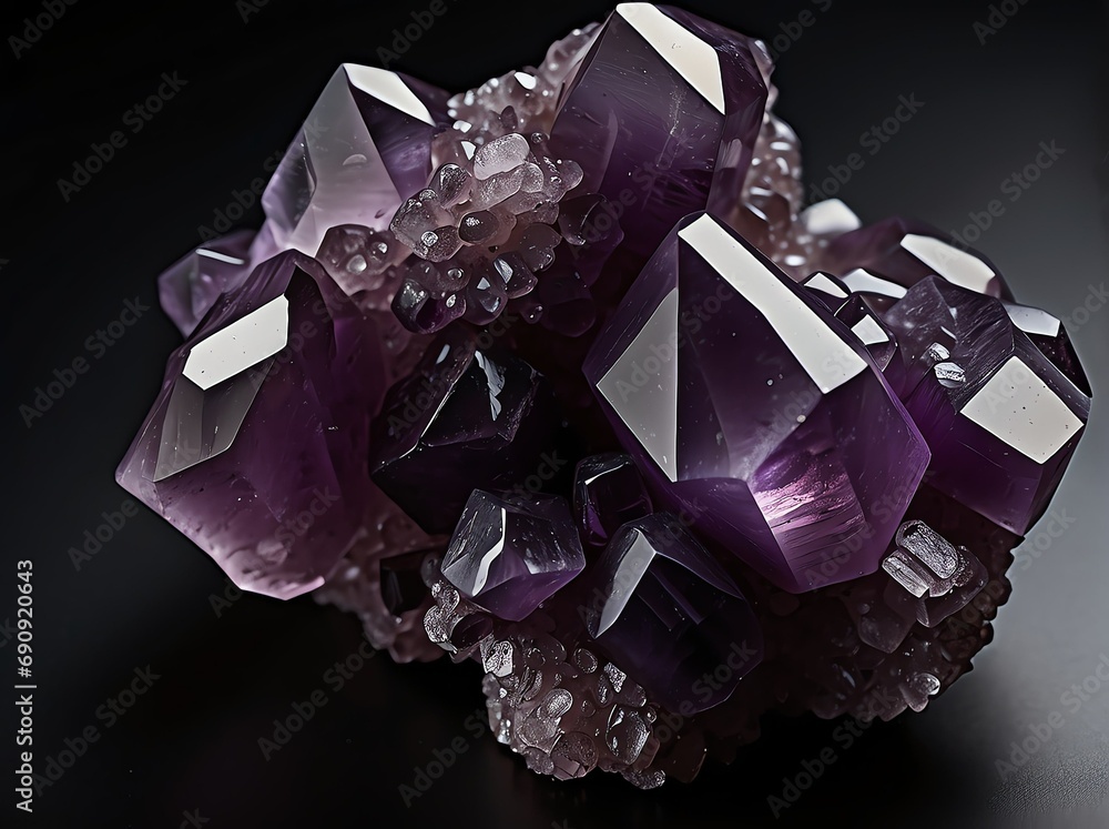 Poster purple quartz crystal cluster on plain black background from generative ai