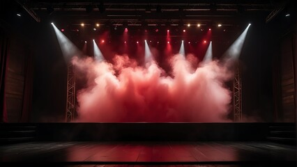 Red concert lighting on a stage with smoke on plain black background from Generative AI