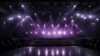 Purple concert lighting on a stage with smoke on plain black background from Generative AI