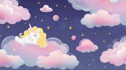 This is a whimsical illustration of two unicorns in a dreamy sky with pink clouds and stars. for children's design or fantasy themes