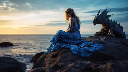 beautiful princess in blue dress with long train sits sadly on rock by the sea and a large dragon looks at her menacingly,the concept of psychology and abusive relationships,High quality photo