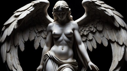 Full body marble statue of an angel on plain black background from Generative AI - obrazy, fototapety, plakaty