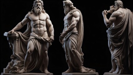 Full body marble statue of greek god zeus on plain black background from Generative AI - obrazy, fototapety, plakaty