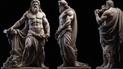 Fotobehang Full body marble statue of greek god zeus on plain black background from Generative AI © sevenSkies