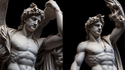 Full body marble statue of greek god apollo on plain black background from Generative AI - obrazy, fototapety, plakaty