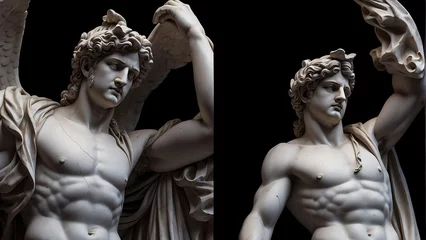 Deurstickers Full body marble statue of greek god apollo on plain black background from Generative AI © sevenSkies