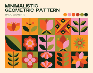 Fototapeta premium Geometric natural line pattern. Abstract botanical elements. Abstract geometric forms of flowers, leaves. Vector illustration. Minimal natural flower plant shapes.