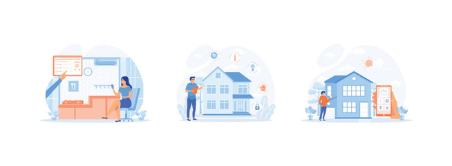 Naklejka premium controlling house digital system on tablet app, home with cognitive intelligence, Smart home app with control system. Smart home 1 set flat vector modern illustration