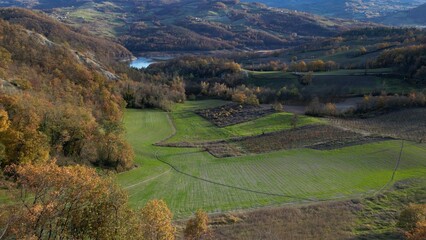 Europe, Italy, Oltrepo Pavese - drone aerial view of amazing Appenines hill in autumn foliage in Lombardy - wheat field in winter
