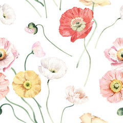 Watercolor Seamless Pattern Background with Icelandic Poppies
