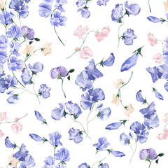 Watercolor Seamless Pattern Background with Sweet Pea Flowers