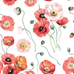 Watercolor Seamless Pattern Background with Poppies