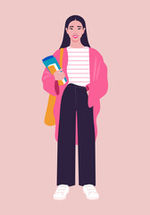 An Asian woman is standing at full height with books. Preparing for exams. Successful studies at school, college and university. Vector flat illustration