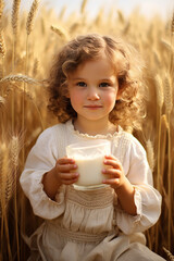 The child is holding a glass of milk against the background of ears of rye.