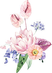 Watercolor Bouquet with Icelandic Poppies, Anthurium and Water Lily
