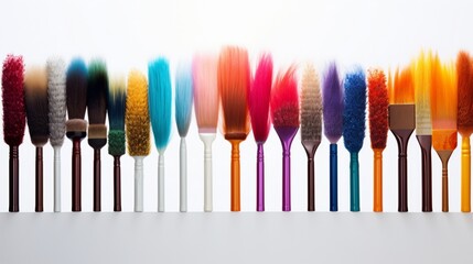 a variety of colorful hair brushes take center stage, offering a visual feast of colors and textures against a minimalist white background.