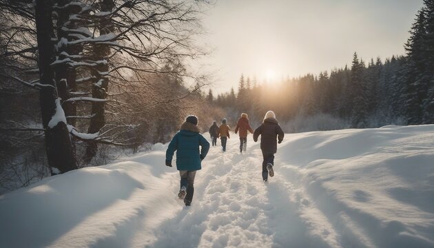 Back view of children playing and running in the snow.