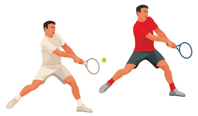 Two figures of Korean tennis player in a white and red sports uniform who hits the ball with a racket holding it with two hands at backhand