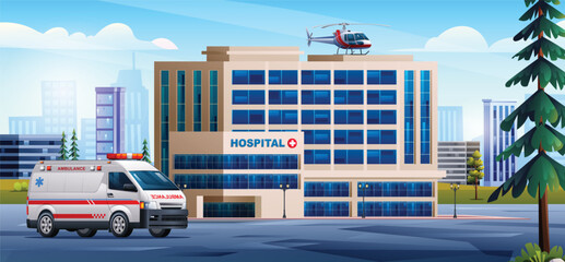 Hospital building with ambulance car and medical helicopter. Medical clinic design background landscape illustration