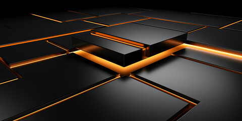 Black square background with gold outlines, solid surface modeling style, gold and orange outline, block polished surfaces, elongated shapes, chromatic sculptural slabs. - obrazy, fototapety, plakaty