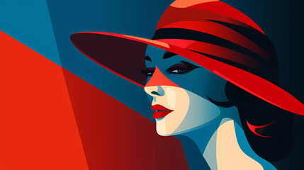 A woman with a hat on her head and a red background with a blue background and a red background