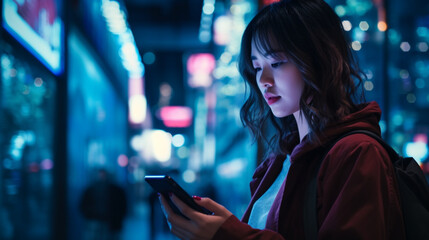 夜の街のシーン、街路のネオンライトの下で電話でモバイルアプリを使用する日本人女性GenerativeAI - obrazy, fototapety, plakaty