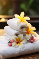 Naklejka na ściany i meble Towel and plumeria flowers concept of spa, massage