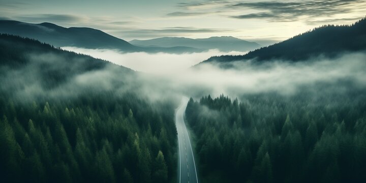 Fototapeta Aerial top view mountain road in dark green foggy forest