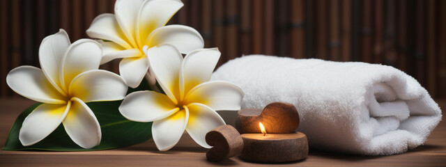Fototapeta na wymiar Towel and plumeria flowers concept of spa, massage